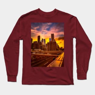 Manhattan Skyline Sunset Sky Brooklyn Bridge NYC Long Sleeve T-Shirt